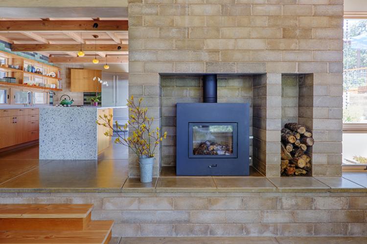 Watershed Straw Bale Residence block fireplace