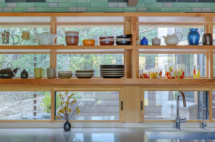 Watershed Straw Bale Residence kitchen shelves