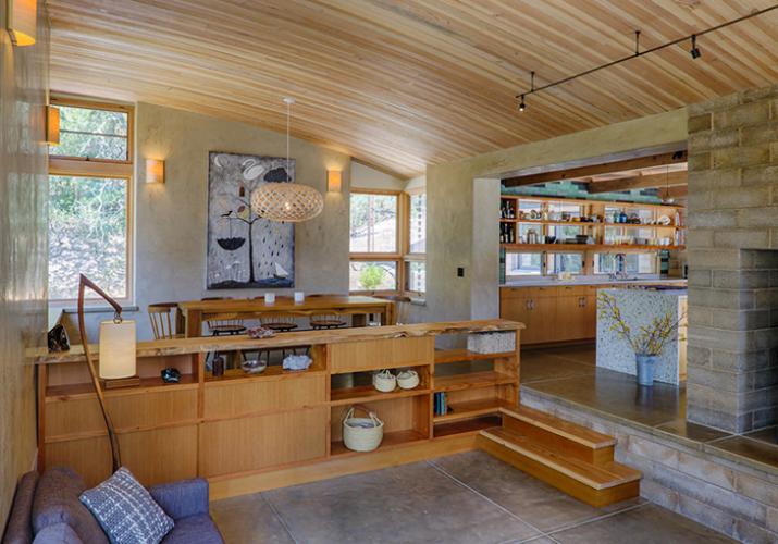 Watershed Straw Bale Residence exposed framing living room